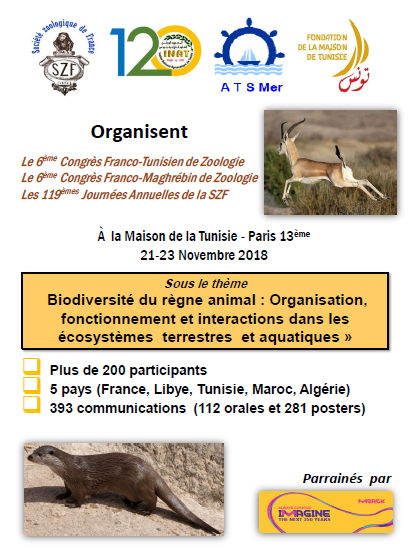 affiche 6e Congrès franco-tunisien de zoologie, 6e Congrès franco-maghrébin de zoologie et 118es Journées annuelles de la Société zoologique de France